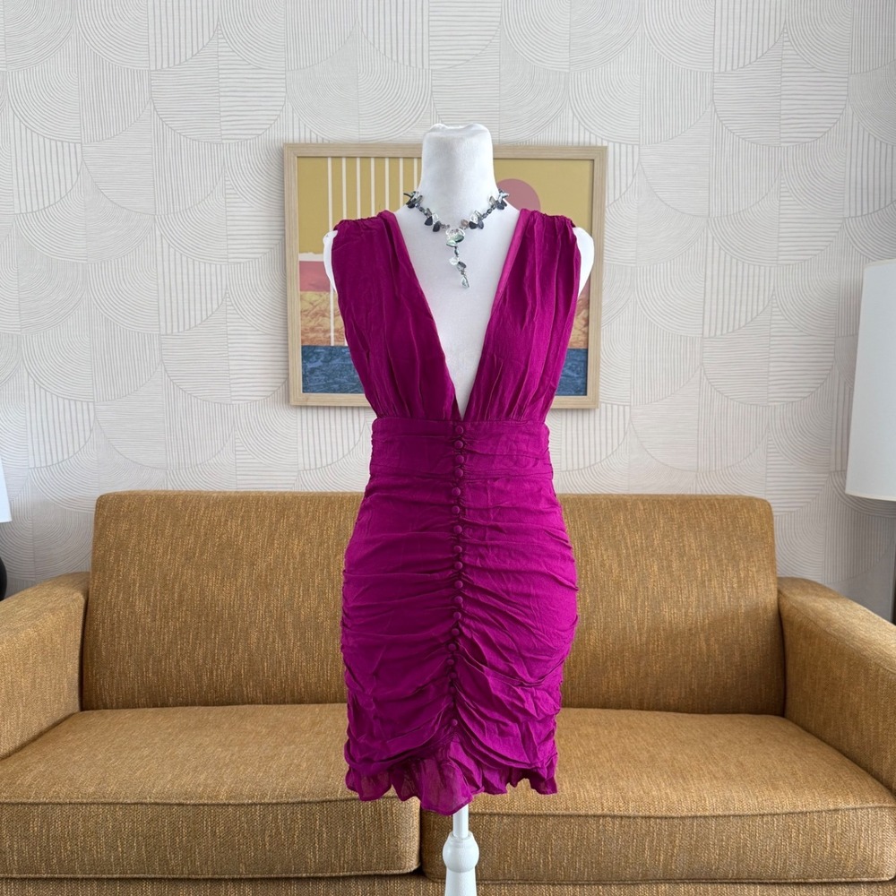Forever 21 Magenta Ruched V-Neck Mini Dress Sleeveless Purple Size M